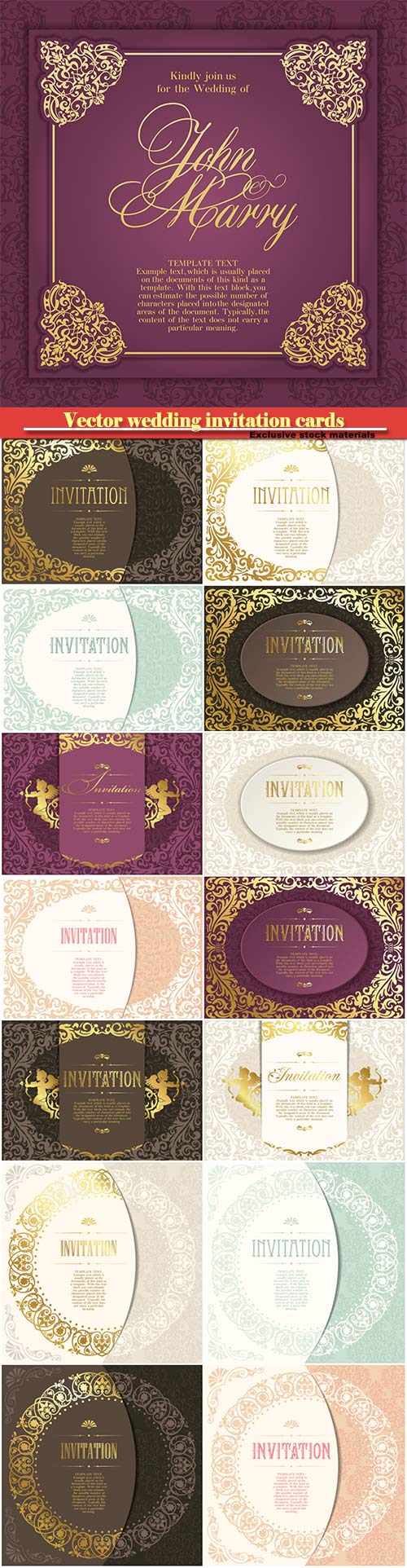Vector wedding invitation cards with gold patterns