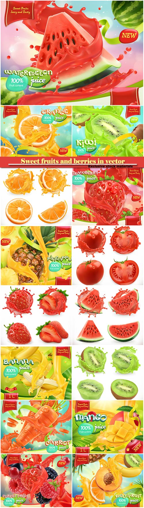Sweet fruits and berries in vector 3d realistic vector, package design