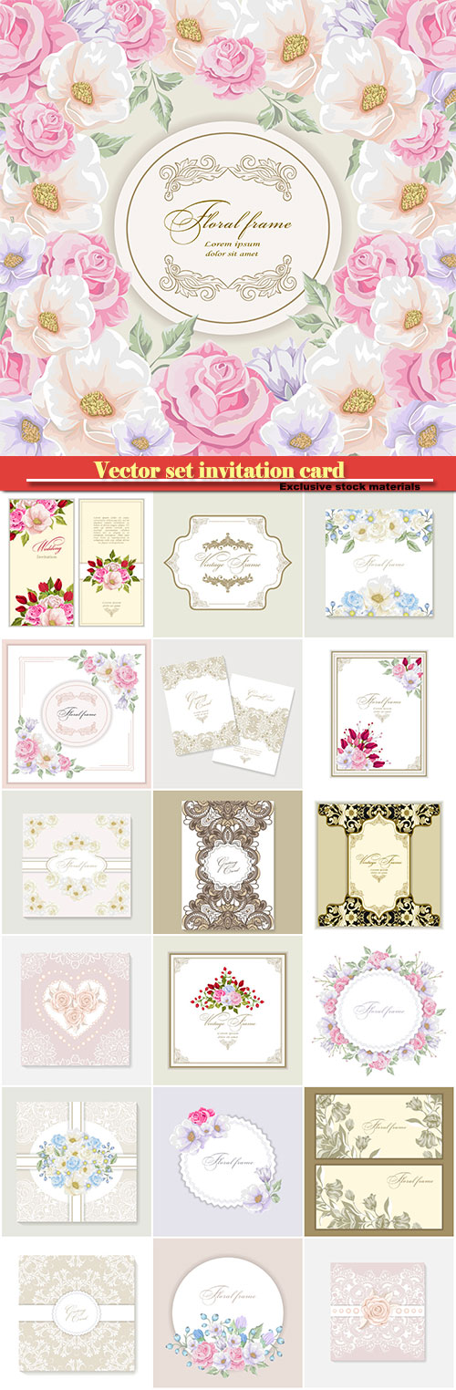 Vector set invitation card with lace decoration for wedding, birthday, Valentine's day