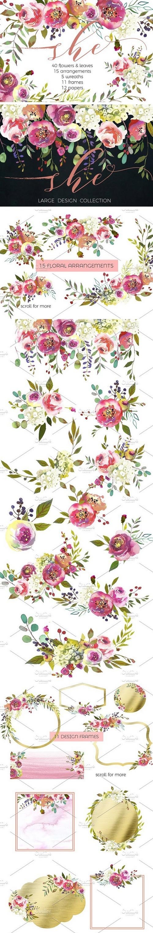 Peach Peonies Watercolor Flowers Set 1153922