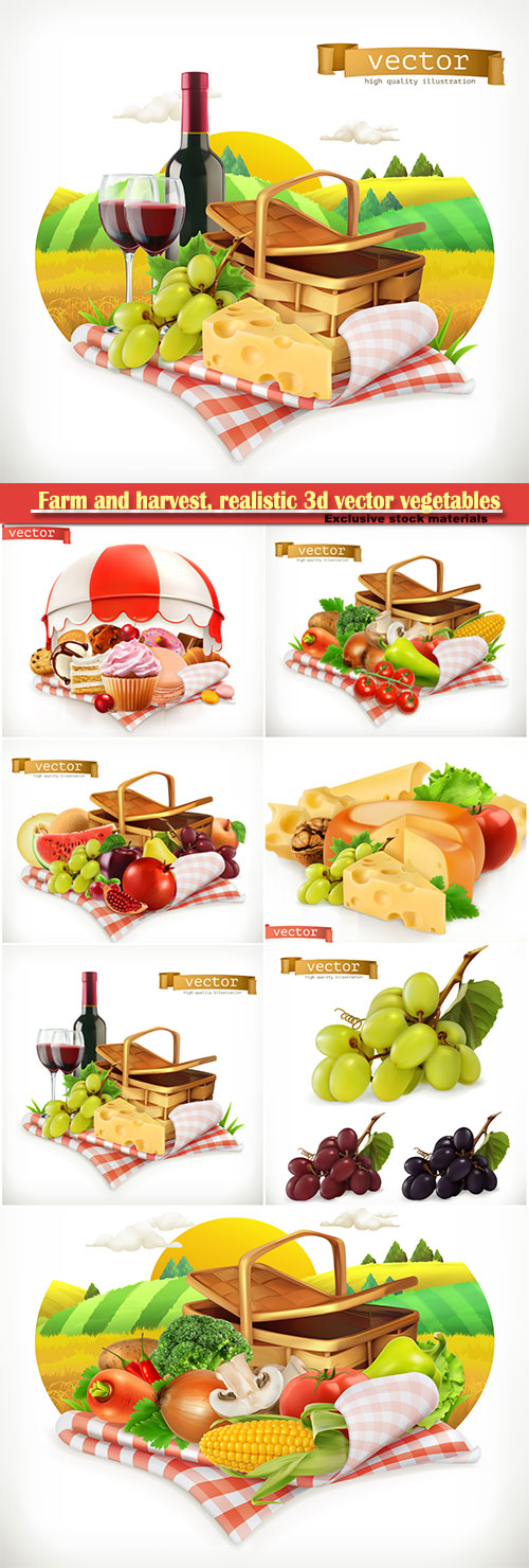 Farm and harvest, realistic 3d vector vegetables, tomato, onion, pepper, carrot and corn
