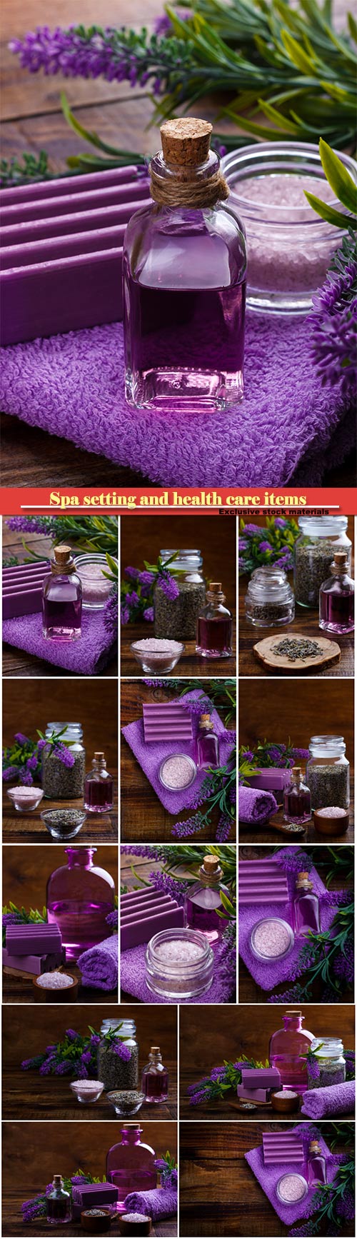 Spa setting and health care items, lavender handmade soap, body oil, bath s ...