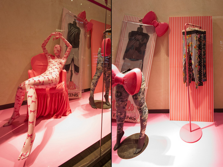 Гламурное розовое оформление витрины бутика женской одежды tezenis, будапешт, венгрия