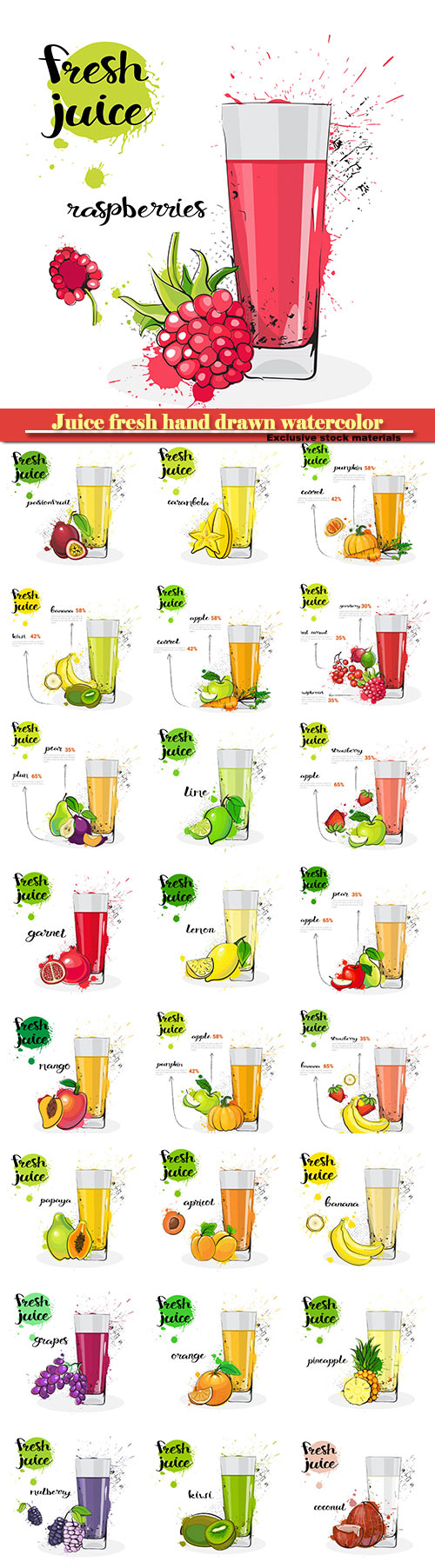 Juice fresh hand drawn watercolor, fruits and glass