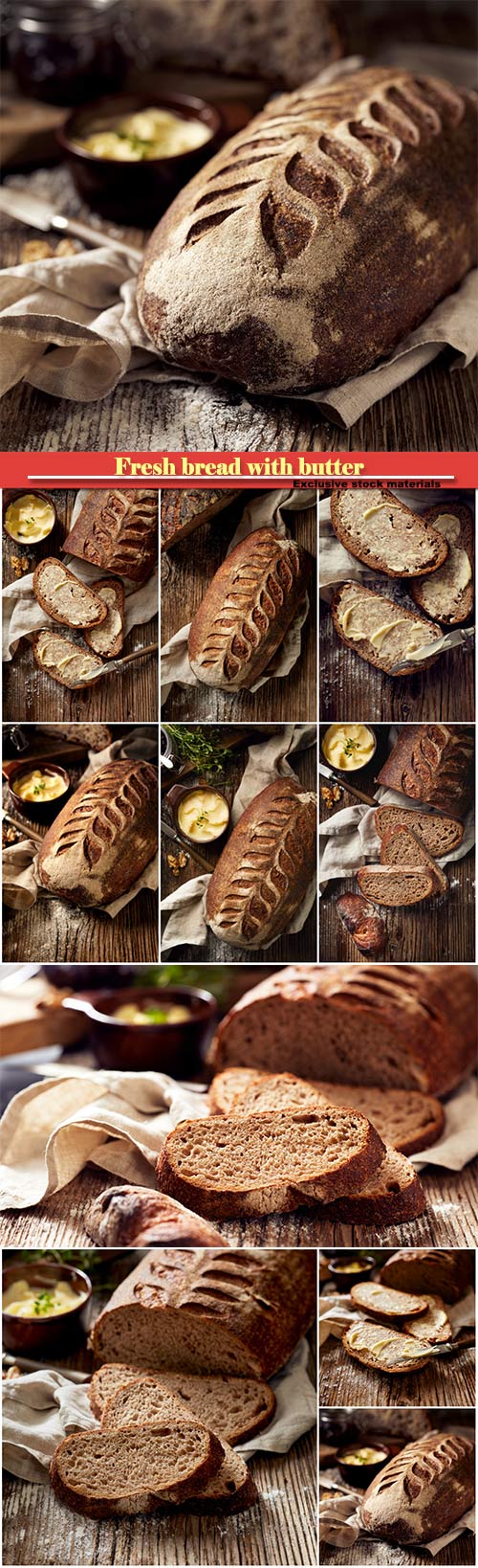 Fresh bread with butter on a wooden background