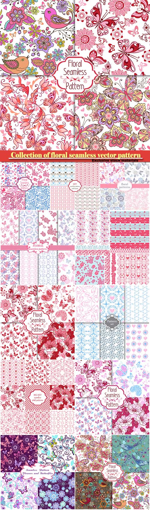 Collection of floral seamless vector pattern with decorative hearts and but ...