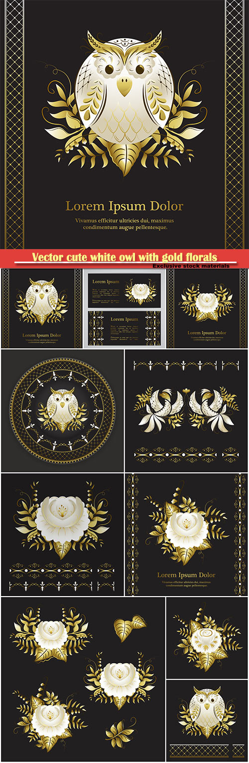 Vector cute white owl with gold florals, white and gold ornamental flowers